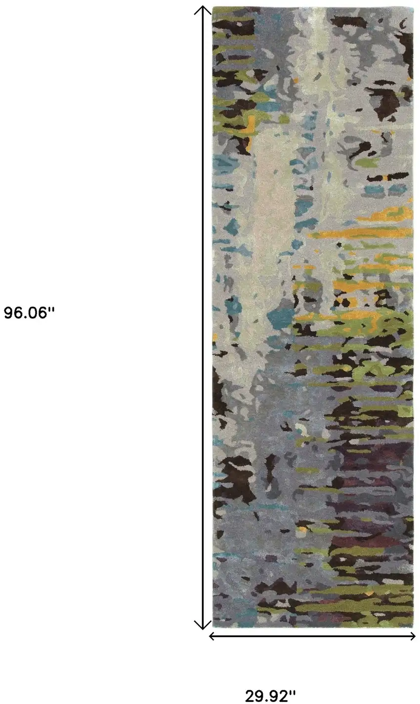 8' Gray Yellow And Black Abstract Hand Tufted Runner Rug Photo 3