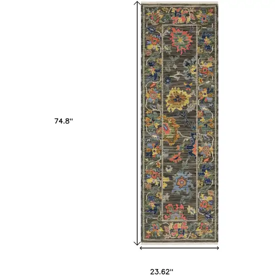 6' Gray Yellow And Blue Oriental Runner Rug With Fringe Photo 3