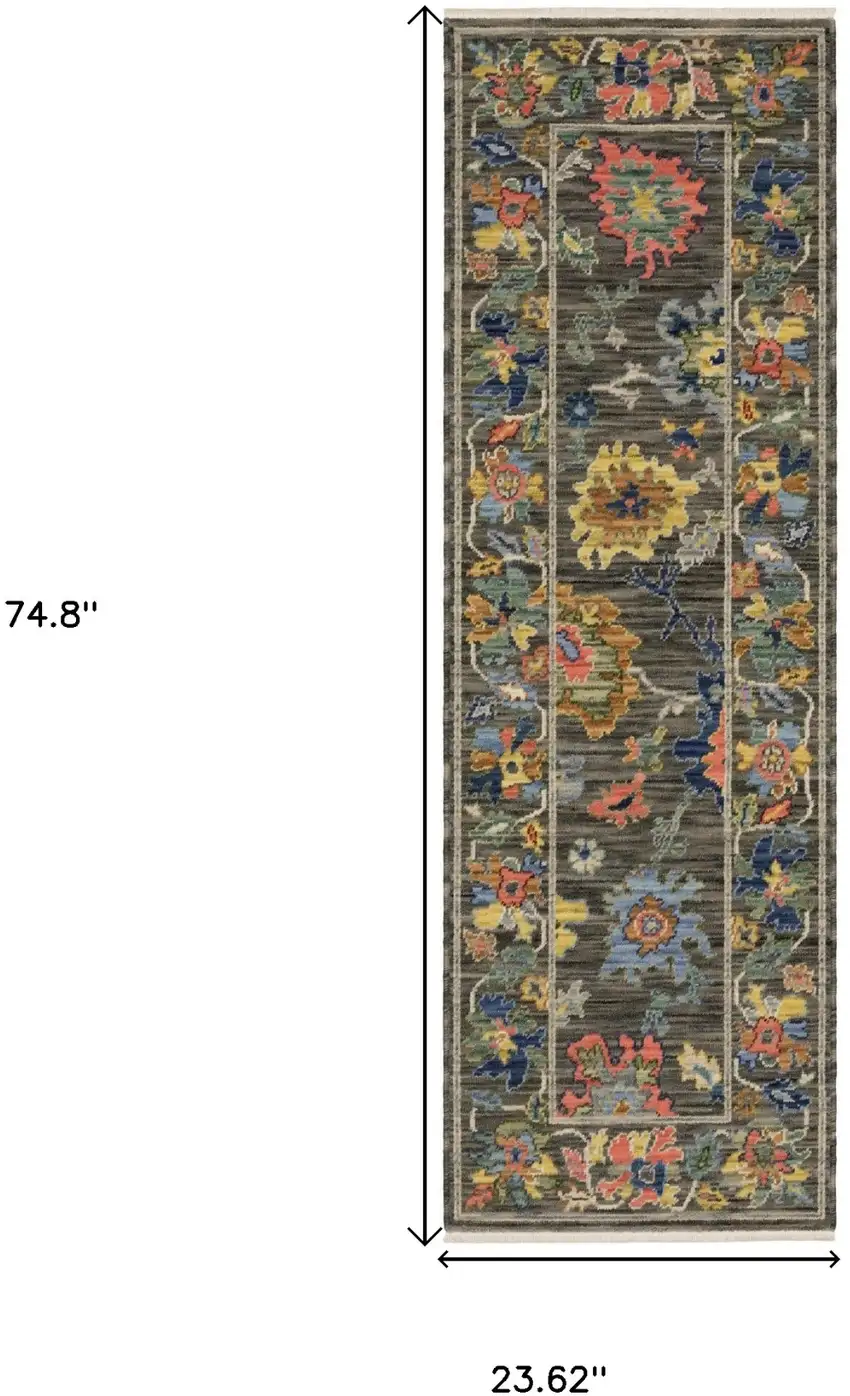 6' Gray Yellow And Blue Oriental Runner Rug With Fringe Photo 3