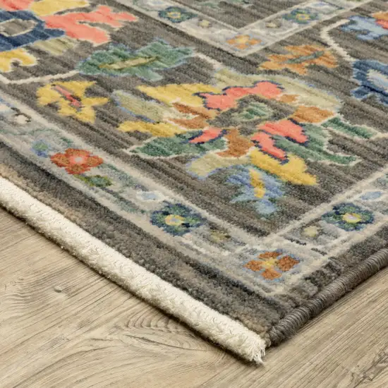 6' Gray Yellow And Blue Oriental Runner Rug With Fringe Photo 9