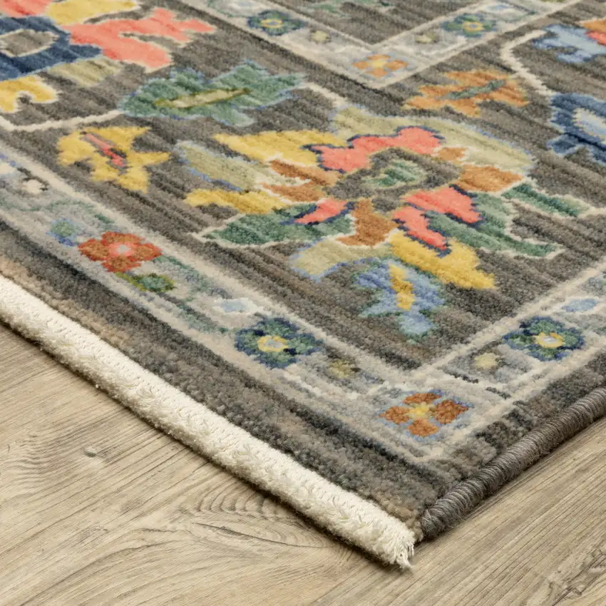 6' Gray Yellow And Blue Oriental Runner Rug With Fringe Photo 9