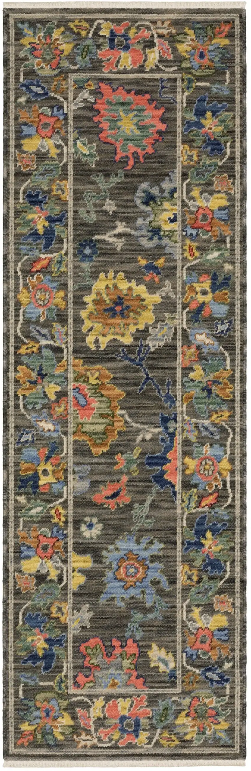 6' Gray Yellow And Blue Oriental Runner Rug With Fringe Photo 2