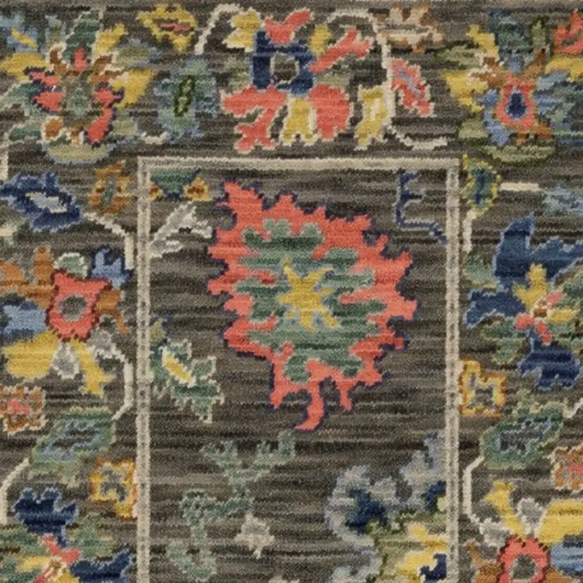 6' Gray Yellow And Blue Oriental Runner Rug With Fringe Photo 8
