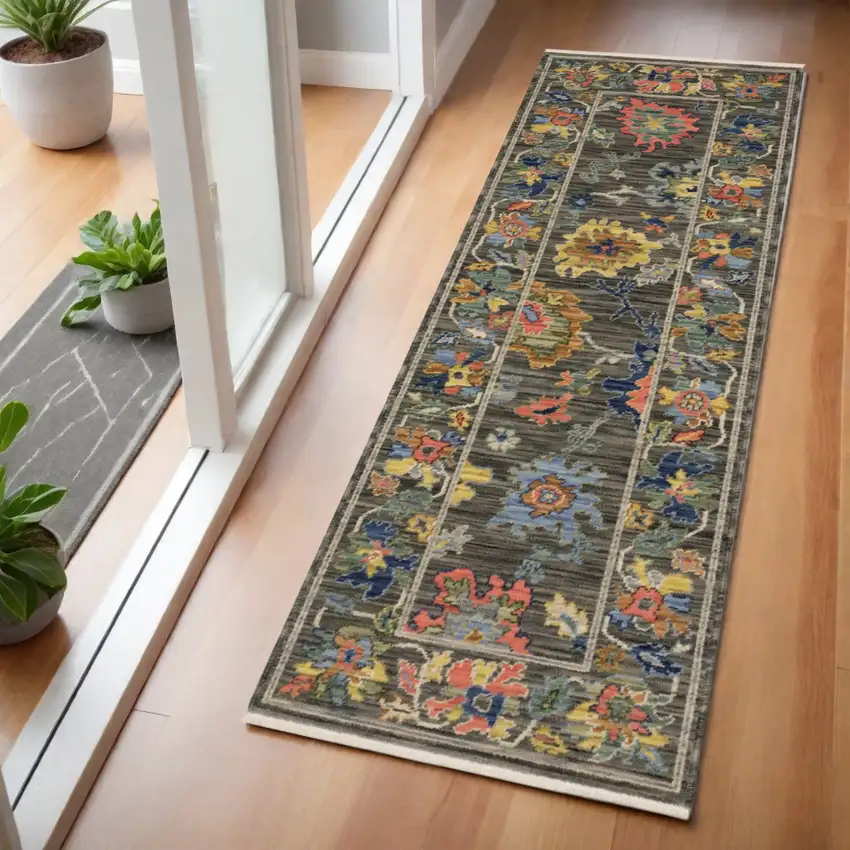 6' Gray Yellow And Blue Oriental Runner Rug With Fringe Photo 1