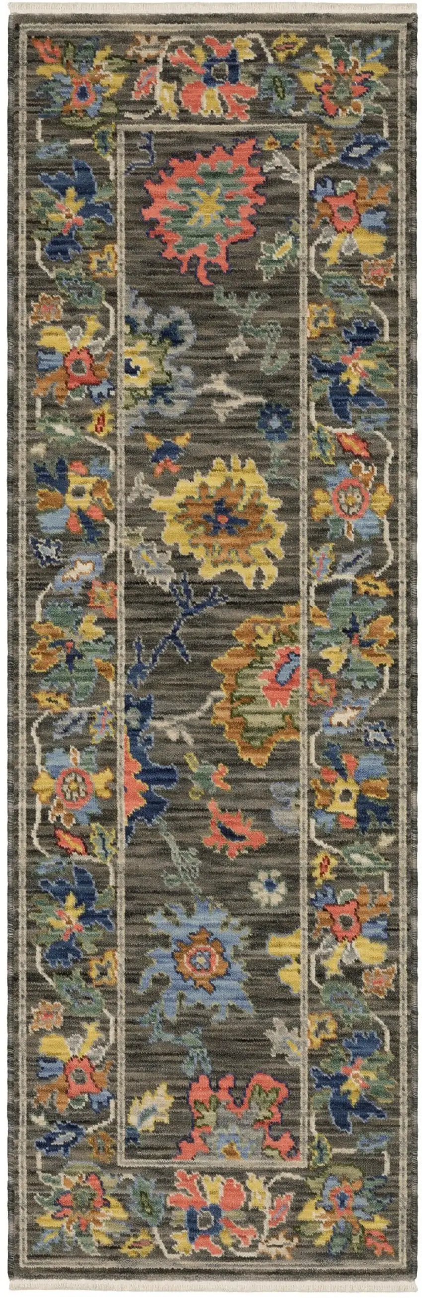 6' Gray Yellow And Blue Oriental Runner Rug With Fringe Photo 5