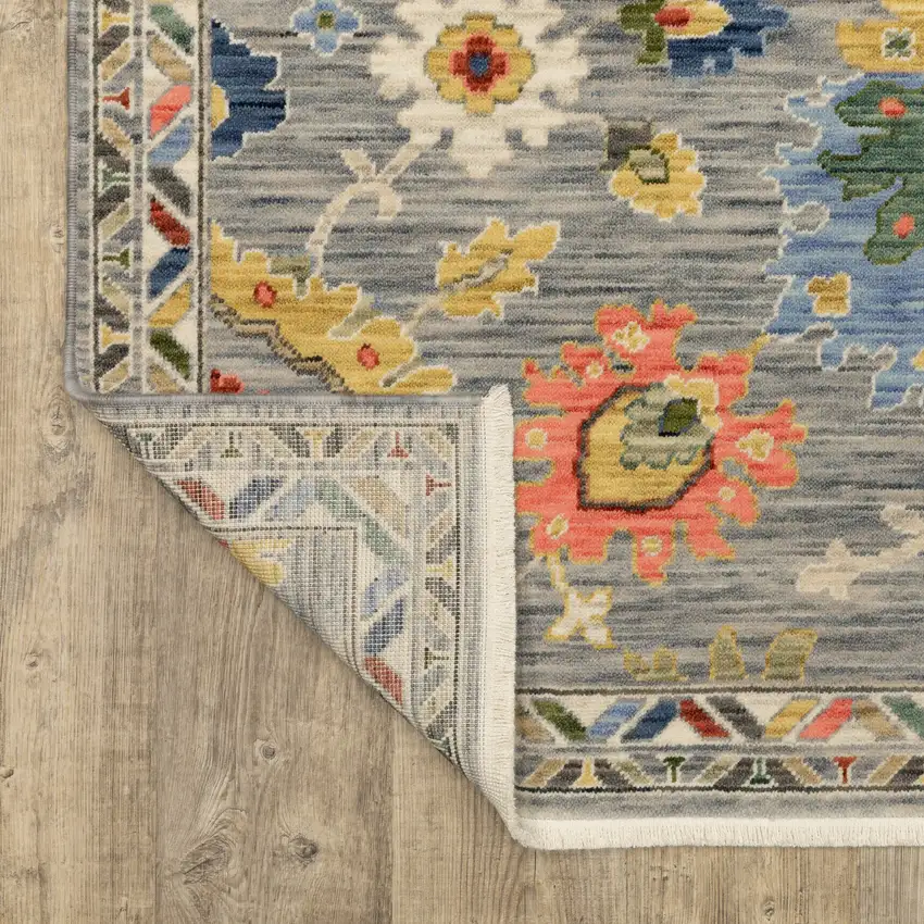 12' Gray Yellow And Blue Oriental Runner Rug With Fringe Photo 4