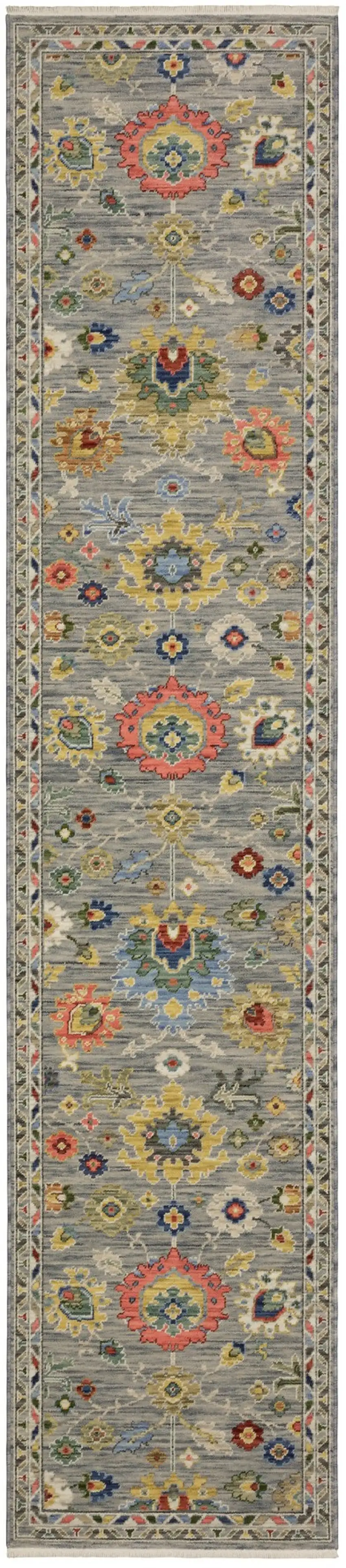 12' Gray Yellow And Blue Oriental Runner Rug With Fringe Photo 2