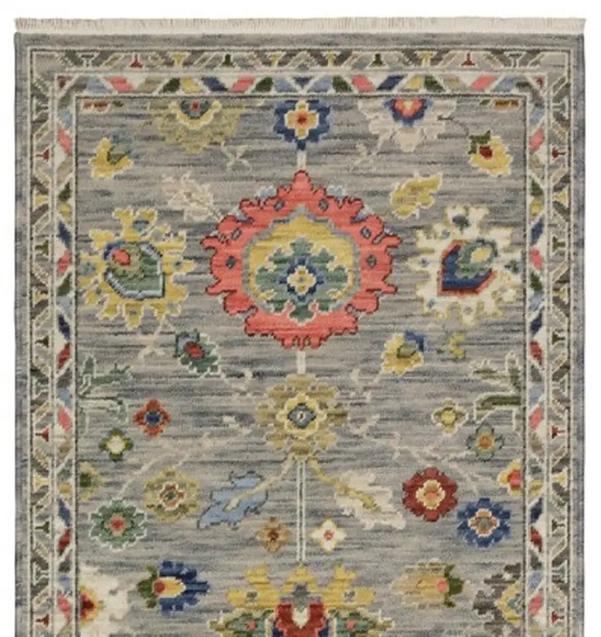 12' Gray Yellow And Blue Oriental Runner Rug With Fringe Photo 6