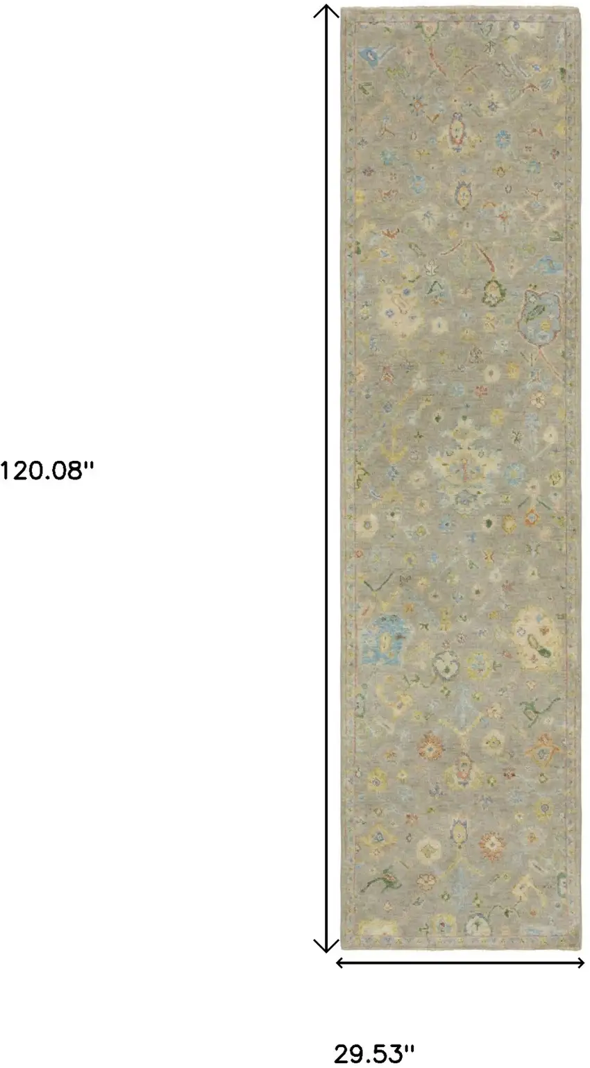 10' Gray Yellow And Green Wool Oriental Hand Knotted Runner Rug With Fringe Photo 3