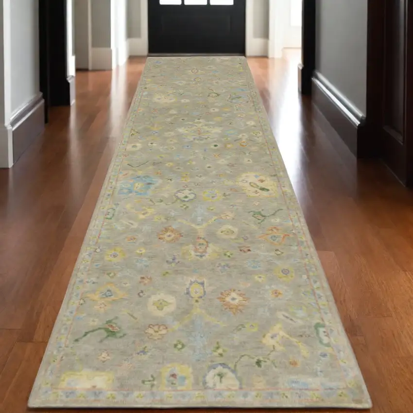 10' Gray Yellow And Green Wool Oriental Hand Knotted Runner Rug With Fringe Photo 1