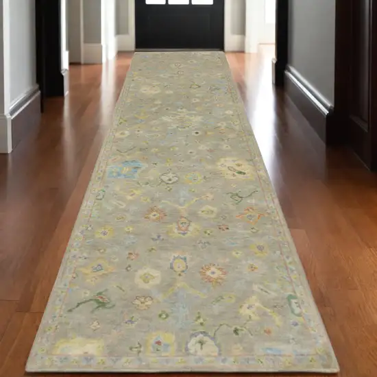 10' Gray Yellow And Green Wool Oriental Hand Knotted Runner Rug With Fringe Photo 1
