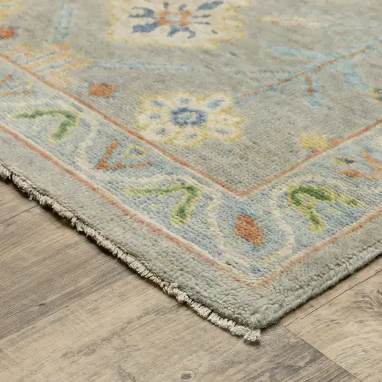 10' Gray Yellow And Green Wool Oriental Hand Knotted Runner Rug With Fringe Photo 6