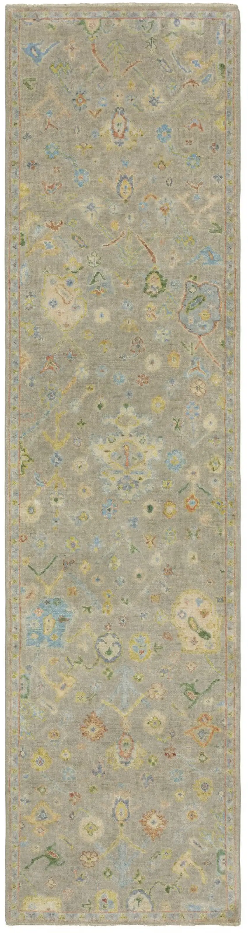 10' Gray Yellow And Green Wool Oriental Hand Knotted Runner Rug With Fringe Photo 2