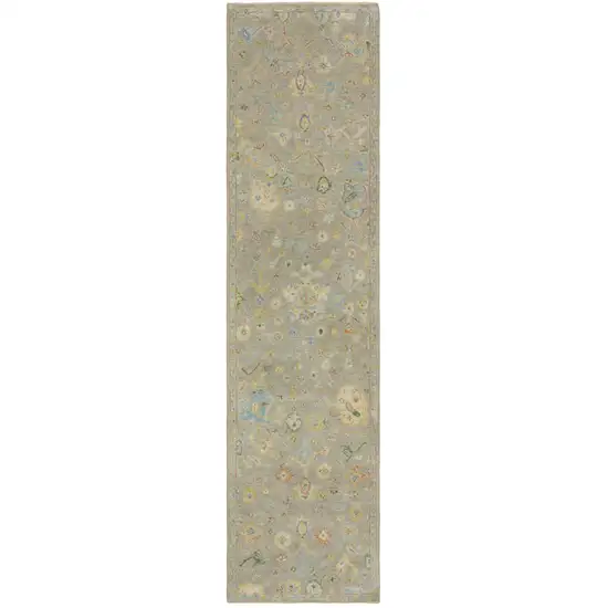 10' Gray Yellow And Green Wool Oriental Hand Knotted Runner Rug With Fringe Photo 2