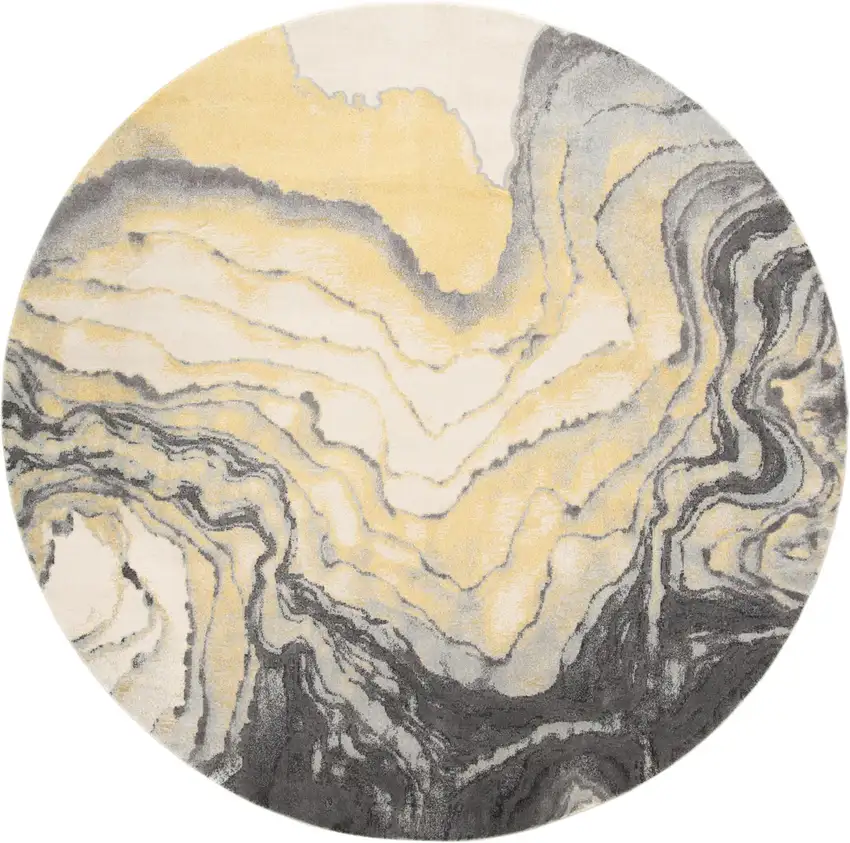 8' Gray Yellow And Ivory Round Stain Resistant Area Rug Photo 1