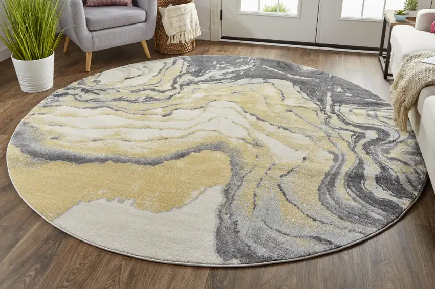 8' Gray Yellow And Ivory Round Stain Resistant Area Rug Photo 6