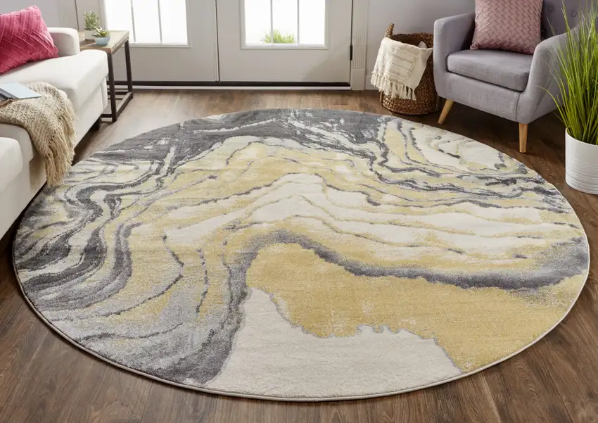 8' Gray Yellow And Ivory Round Stain Resistant Area Rug Photo 7