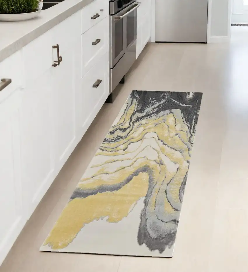 8' Gray Yellow And Ivory Runner Rug Photo 2