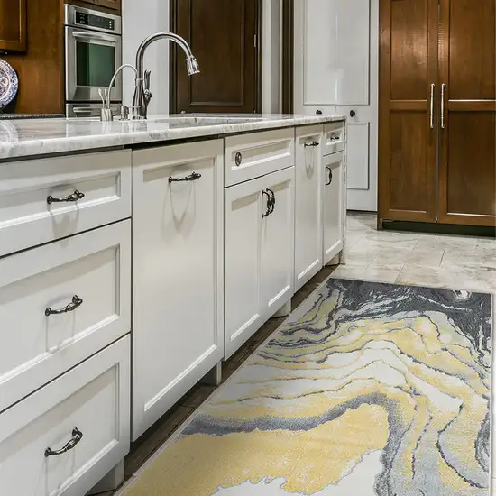 8' Gray Yellow And Ivory Runner Rug Photo 4
