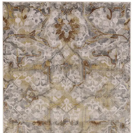 8' Gray Yellow and Ivory Floral Power Loom Worn Faded Runner Rug Photo 4