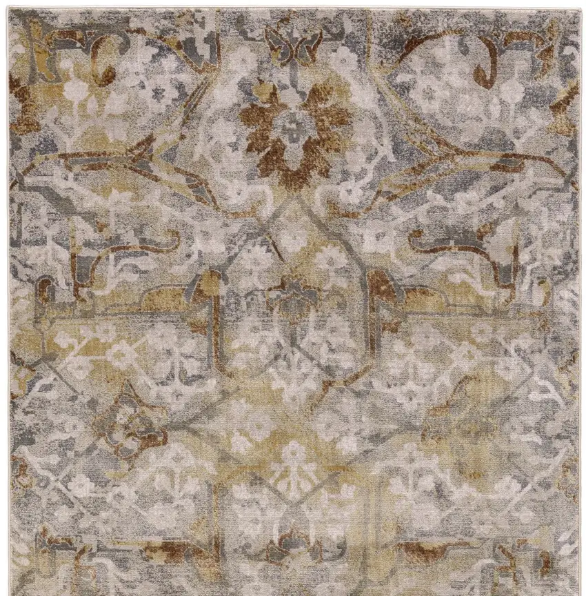 8' Gray Yellow and Ivory Floral Power Loom Worn Faded Runner Rug Photo 4
