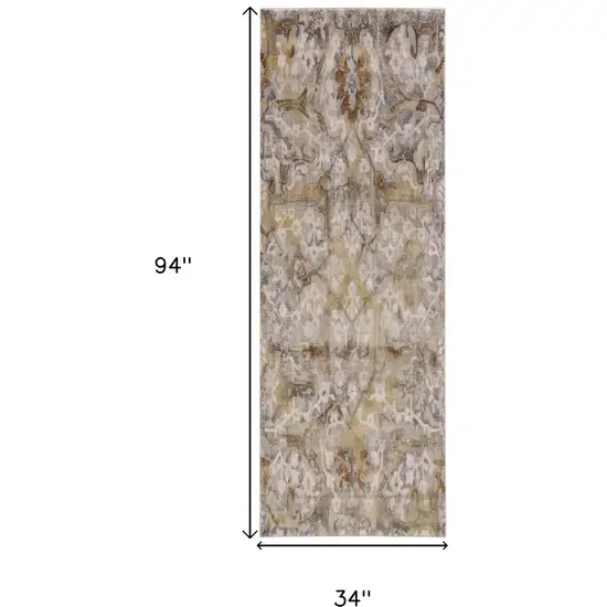 8' Gray Yellow and Ivory Floral Power Loom Worn Faded Runner Rug Photo 3