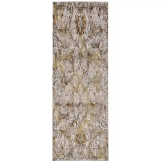 8' Gray Yellow and Ivory Floral Power Loom Worn Faded Runner Rug Photo 2