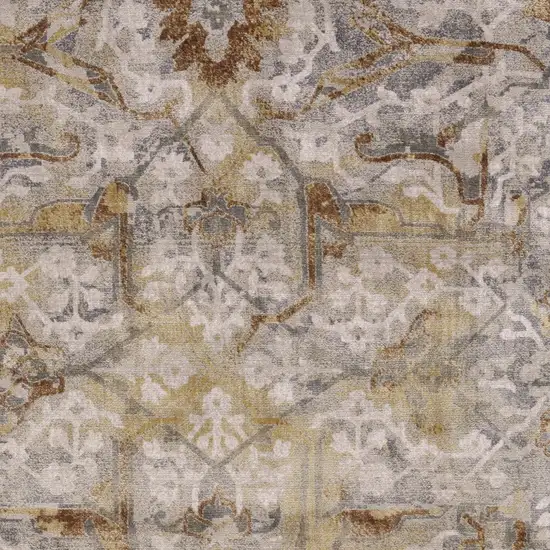 8' Gray Yellow and Ivory Floral Power Loom Worn Faded Runner Rug Photo 6