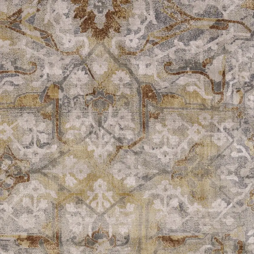 8' Gray Yellow and Ivory Floral Power Loom Worn Faded Runner Rug Photo 6