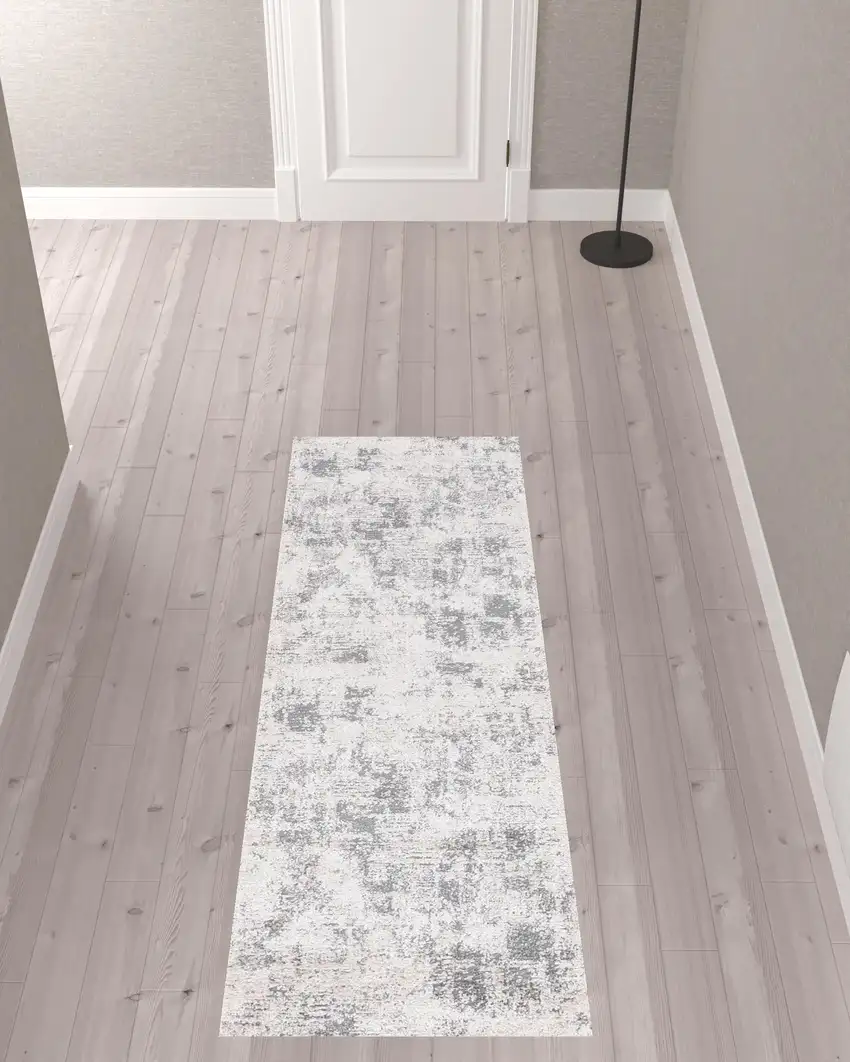 8' Gray and Beige Abstract Power Loom Runner Rug Photo 3