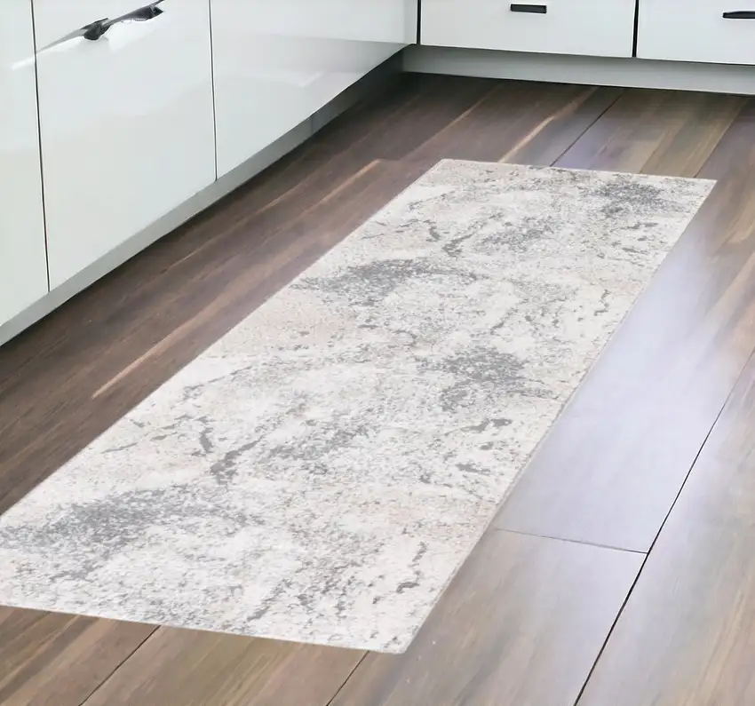 8' Gray and Beige Abstract Power Loom Runner Rug Photo 1