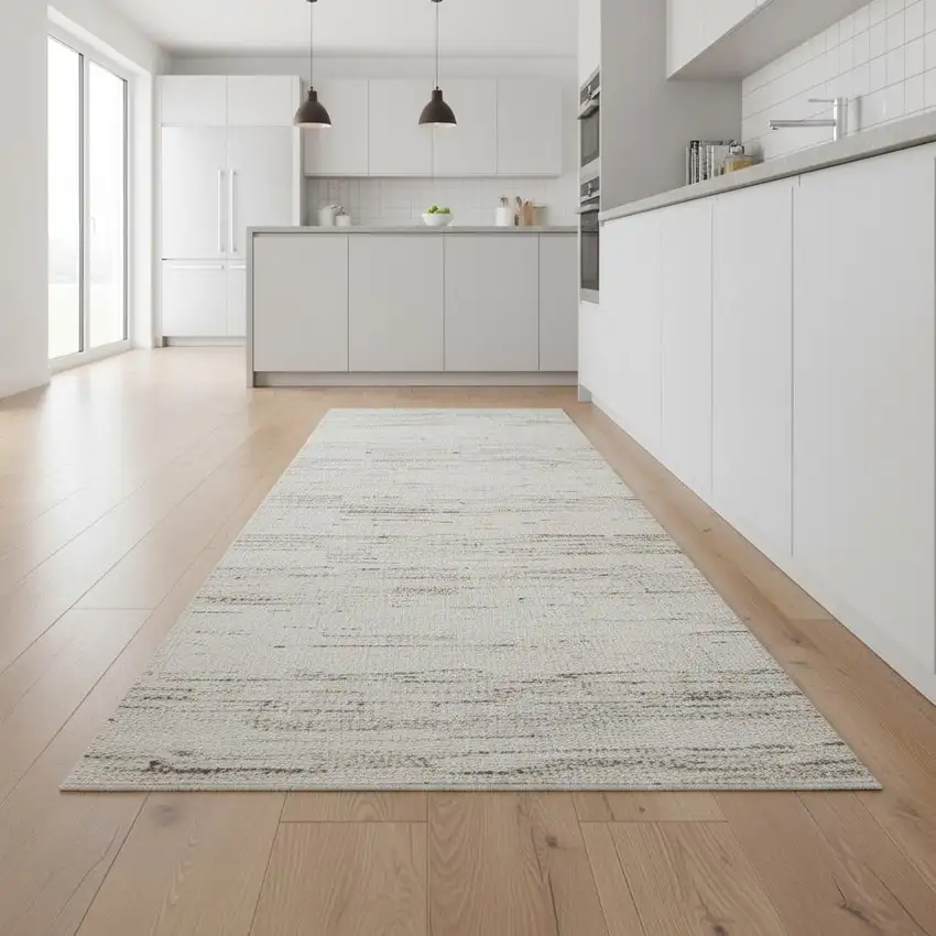 8' Gray And Beige Geometric Distressed Runner Rug Photo 1