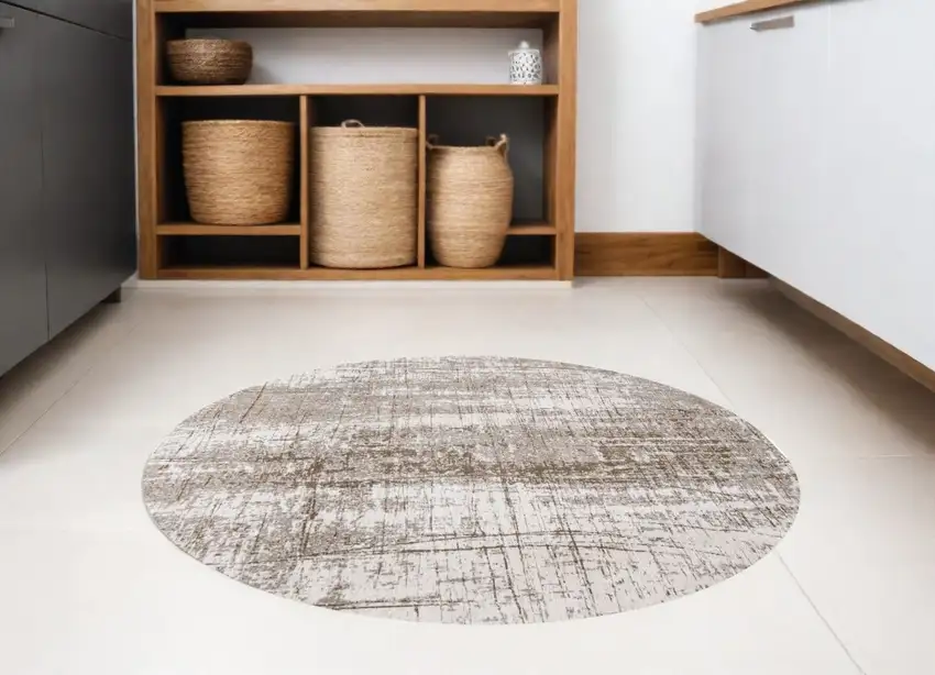 5' Gray and Beige Round Abstract Non Skid Area Rug Photo 1