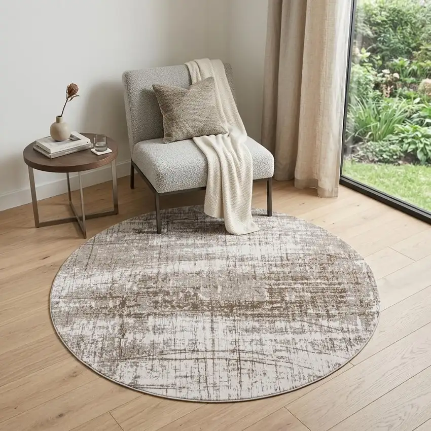 5' Gray and Beige Round Abstract Non Skid Area Rug Photo 1