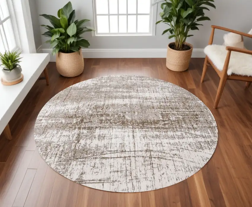 8' Gray and Beige Round Abstract Non Skid Area Rug Photo 1