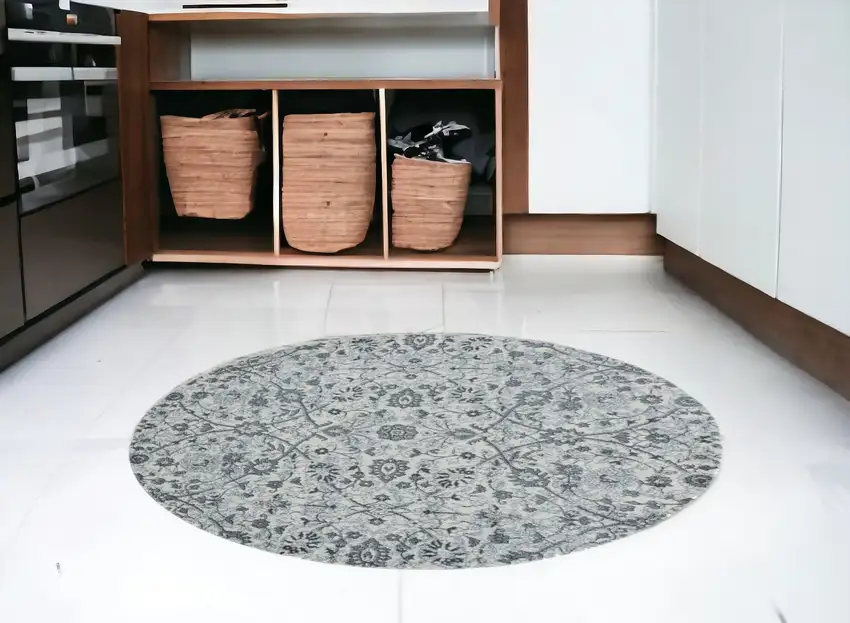 6' Gray and Beige Round Floral Power Loom Area Rug Photo 1