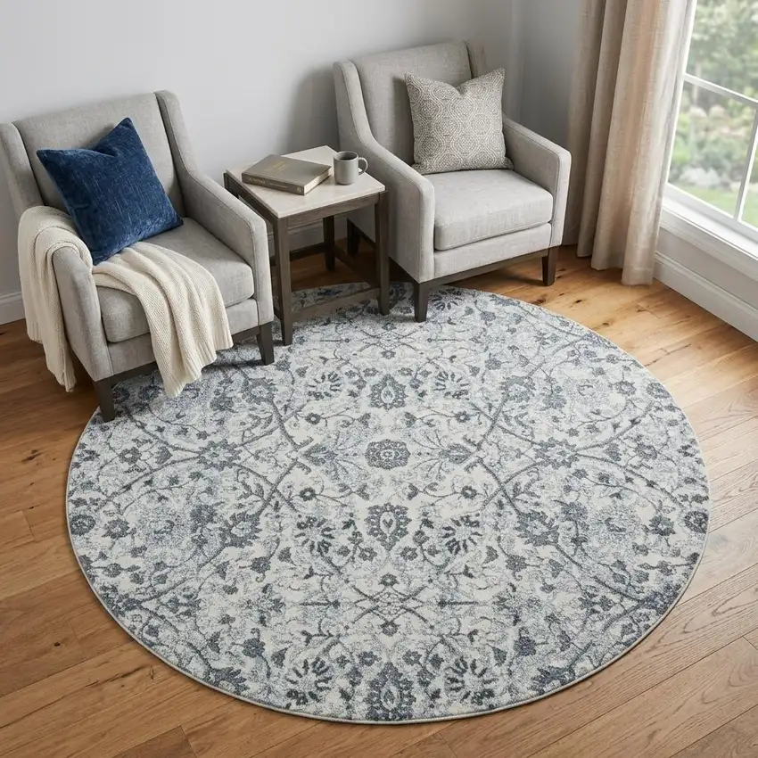 6' Charcoal and Gray Floral Power Loom Round Rug Photo 1