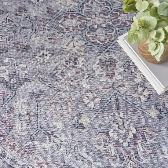 5' Gray and Beige Round Floral Power Loom Distressed Area Rug Photo 8