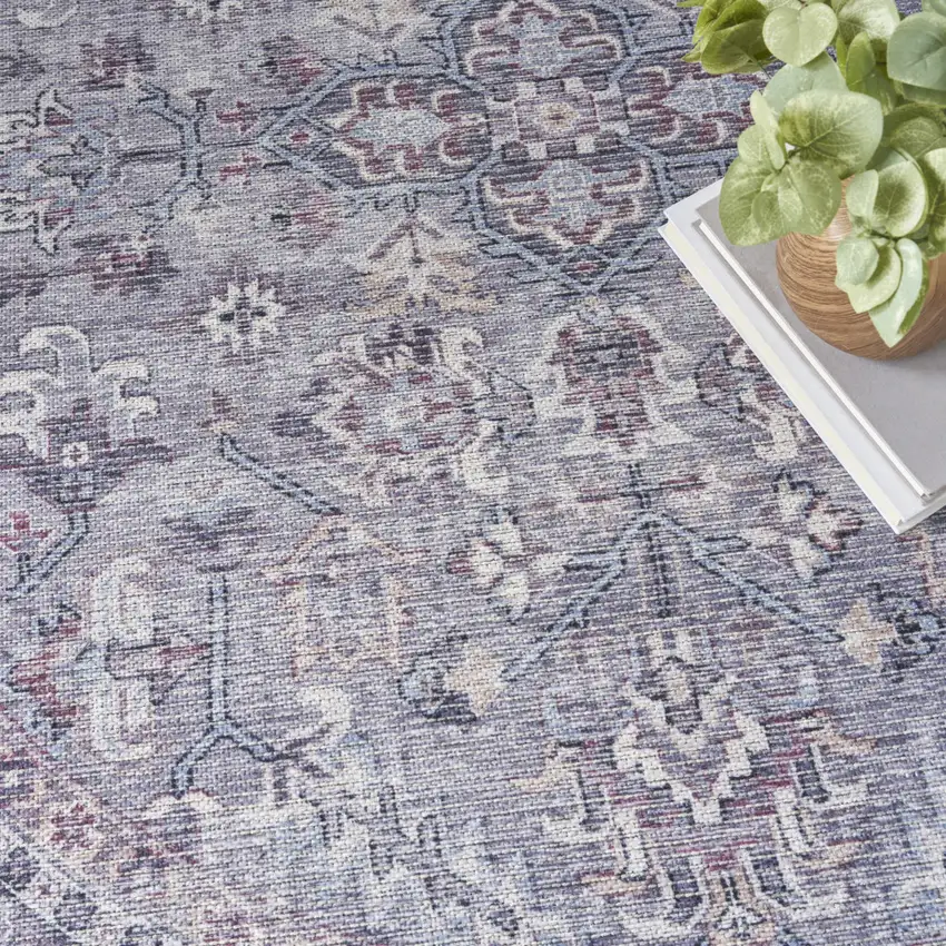 5' Gray and Beige Round Floral Power Loom Distressed Area Rug Photo 8