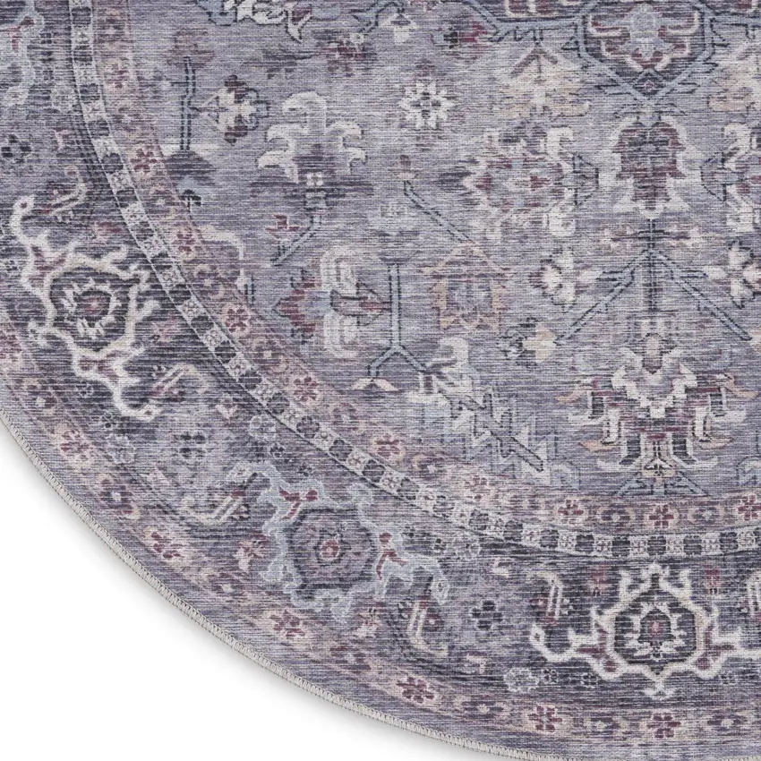 5' Gray and Beige Round Floral Power Loom Distressed Area Rug Photo 9