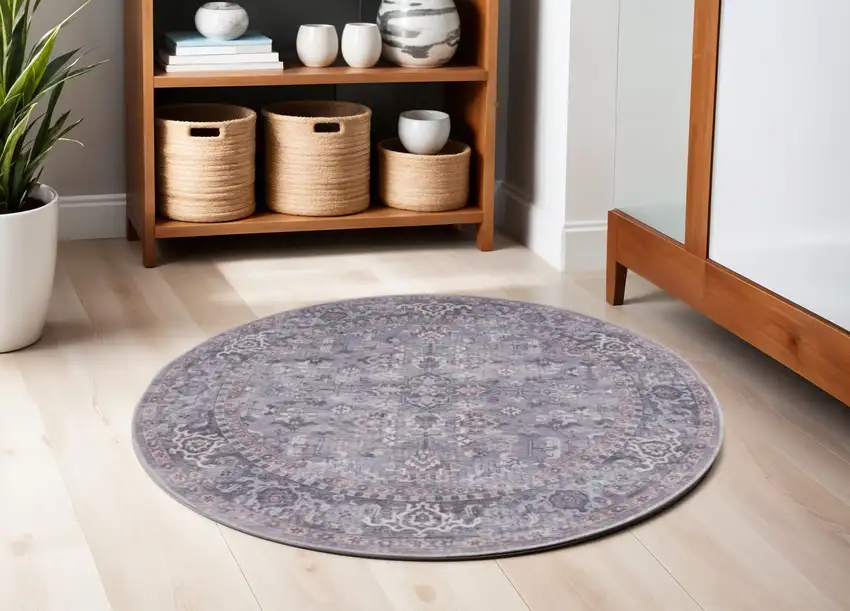 5' Gray and Beige Round Floral Power Loom Distressed Area Rug Photo 1