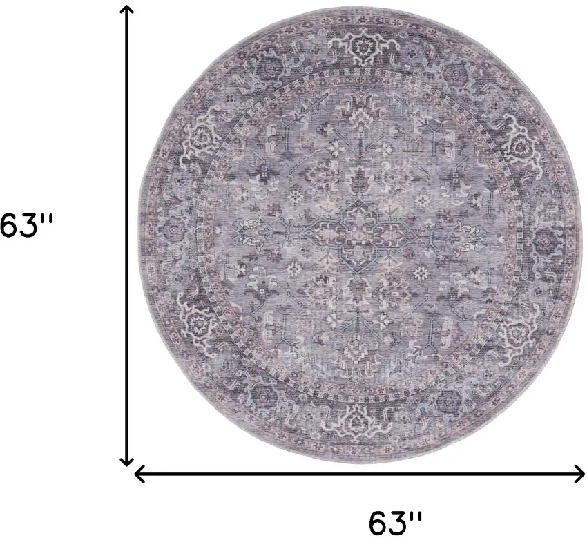 5' Gray and Beige Round Floral Power Loom Distressed Area Rug Photo 3