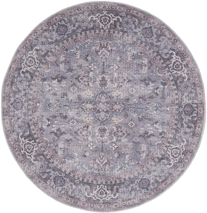 5' Gray and Beige Round Floral Power Loom Distressed Area Rug Photo 4