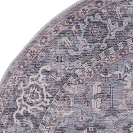 5' Gray and Beige Round Floral Power Loom Distressed Area Rug Photo 7