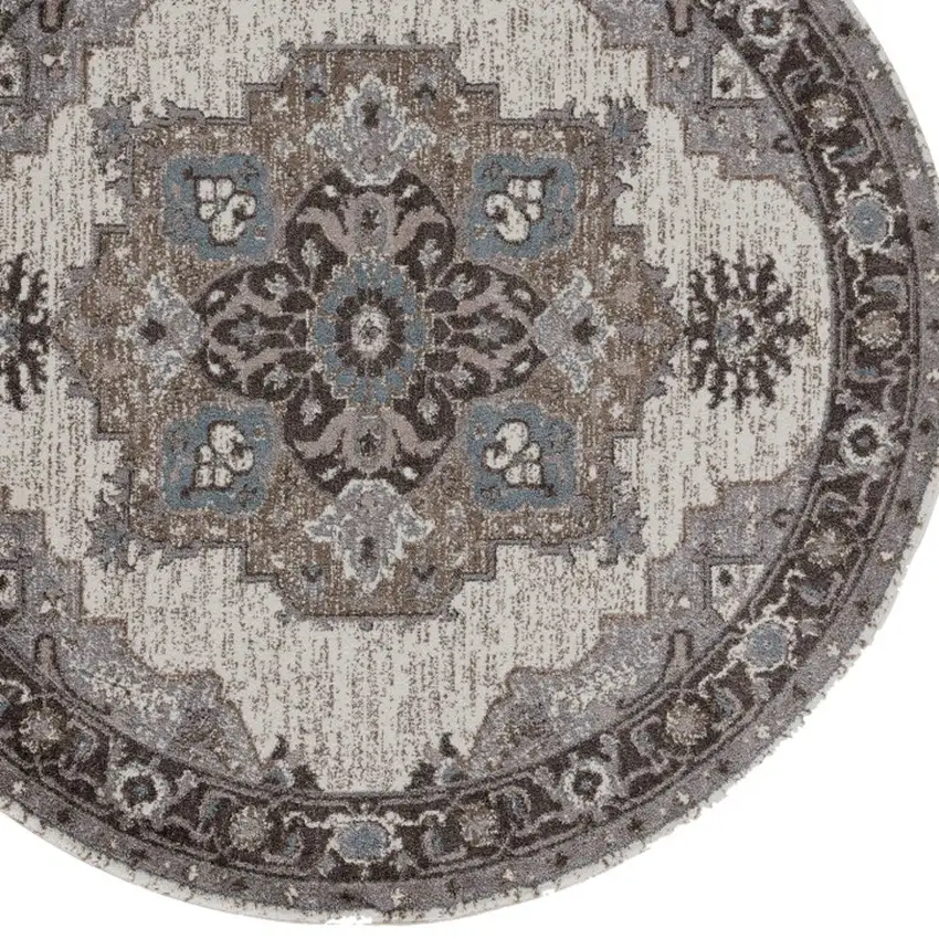 6' Gray and Beige Round Medallion Power Loom Area Rug Photo 5