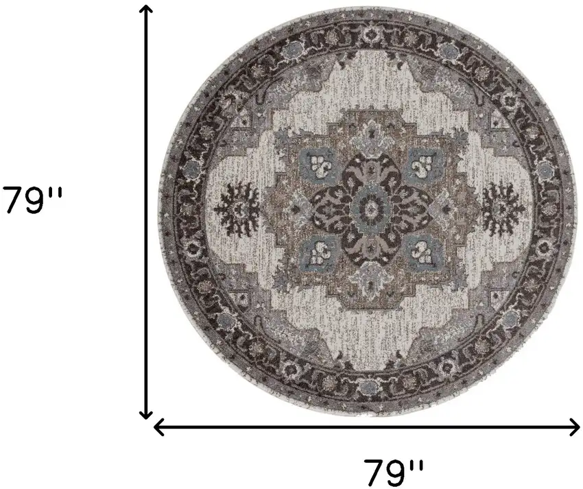 6' Gray and Beige Round Medallion Power Loom Area Rug Photo 8