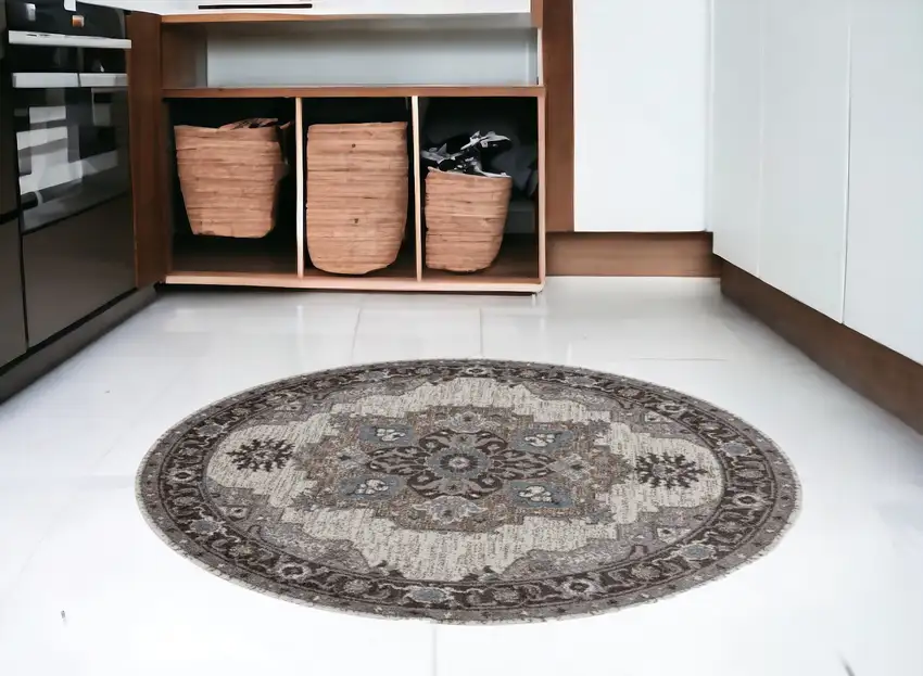 6' Gray and Beige Round Medallion Power Loom Area Rug Photo 1