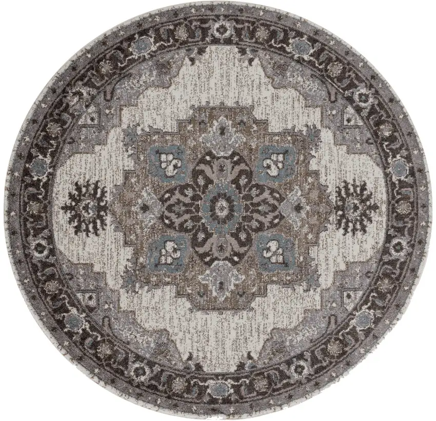 6' Gray and Beige Round Medallion Power Loom Area Rug Photo 2