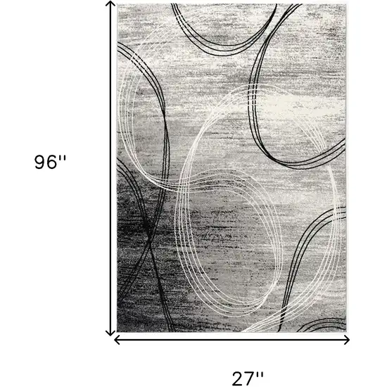 8' Gray and Black Abstract Power Loom Distressed Runner Rug Photo 3