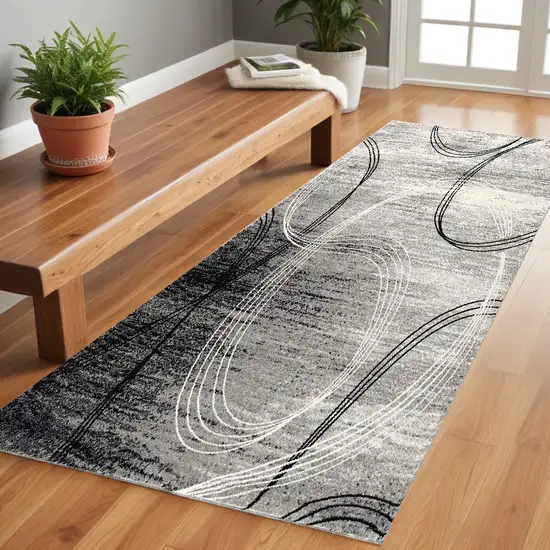 8' Gray and Black Abstract Power Loom Distressed Runner Rug Photo 1